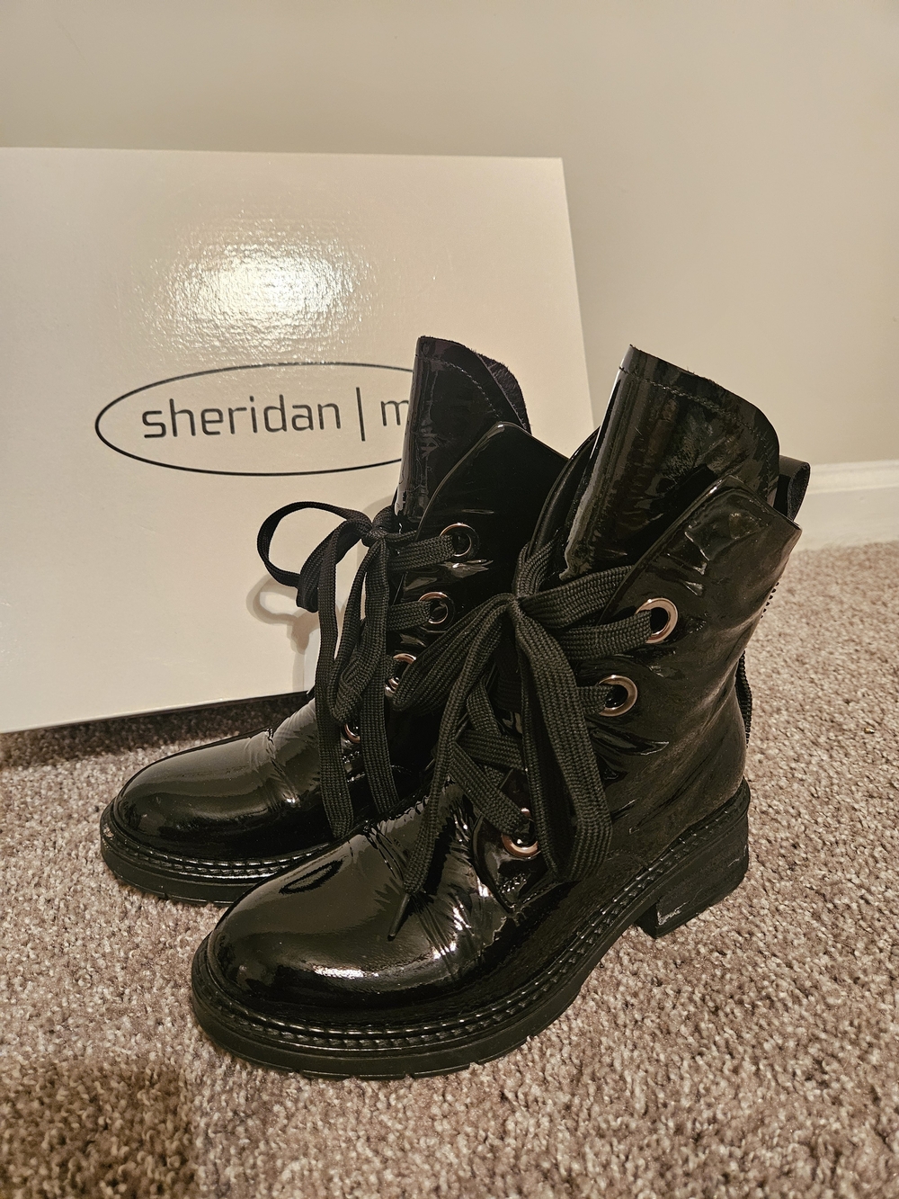 Sheridan Mia Glossy Black Patent Lace-Up Combat Boots for Women